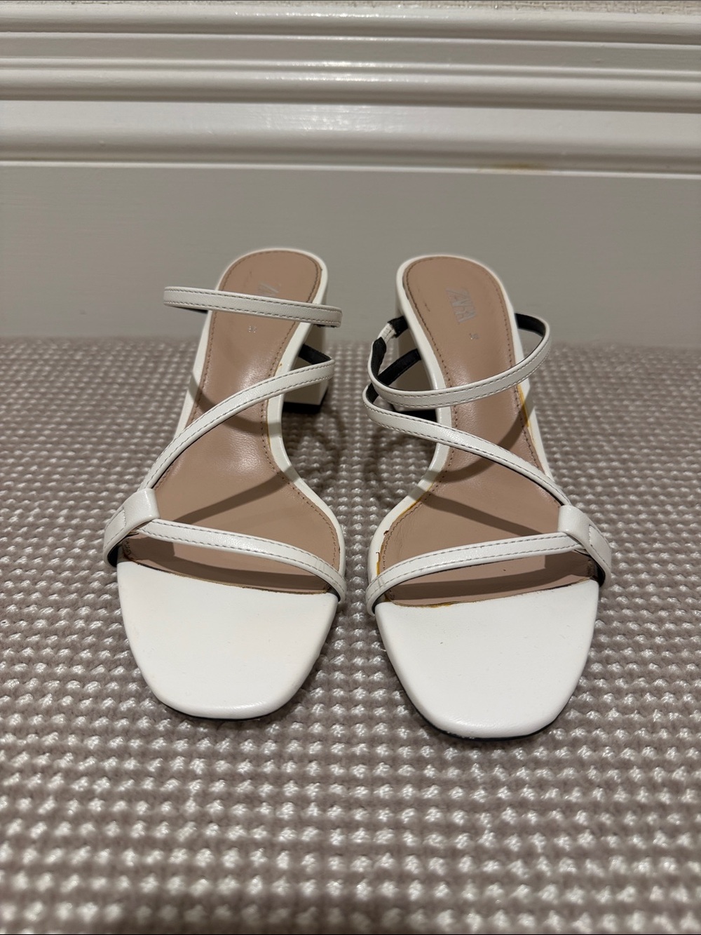 Zara White Strappy Square-Toe Block Heel Sandals